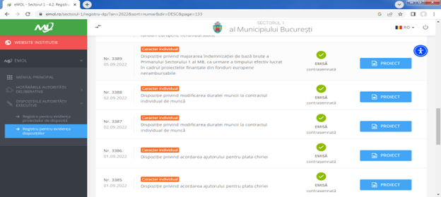 Captură de ecran din platforma eMOL a Sectorului 1: registrul pentru evidența dispozițiilor, cu dispozițiile nr. 3385–3389 din 1–5 septembrie 2022.